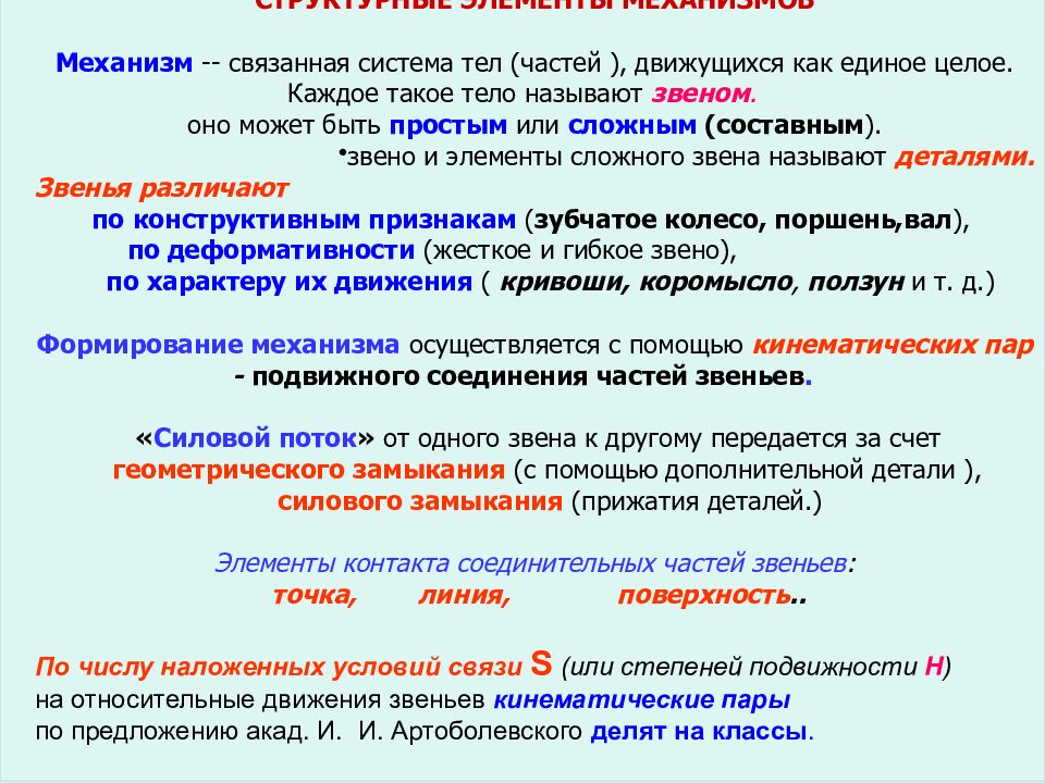 Части единого целого. Структурные элементы механизмов. Сложное составное звено. Назовите звенья, этапы. Как называются тела входящие в механизм.