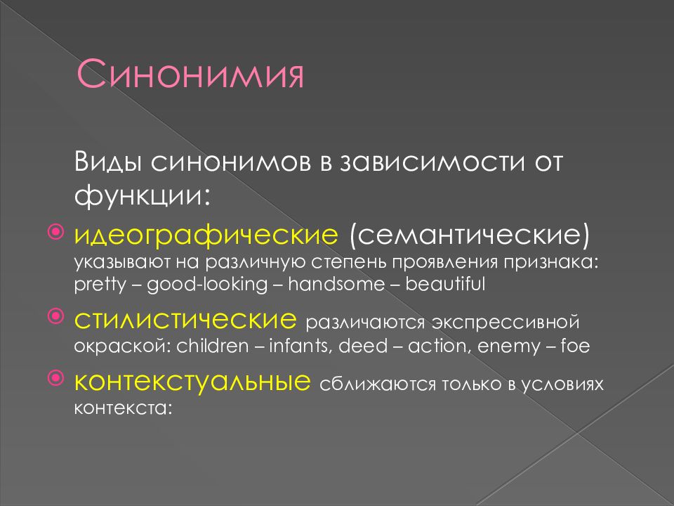 Синонимия. Синонимия виды синонимов. Синонимия в русском языке. Типы синонимии.