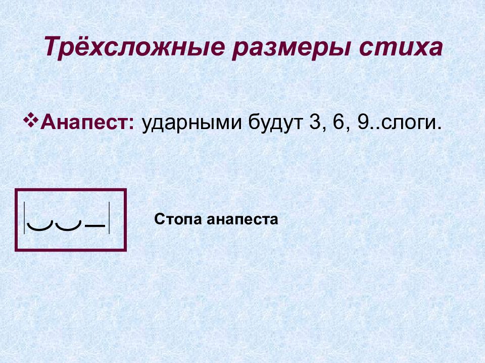 Ударные слоги в стихотворных размерах. Трехсложные Размеры стиха. Анапест. Трехсложный анапест. Схемы трехсложных размеров стиха.