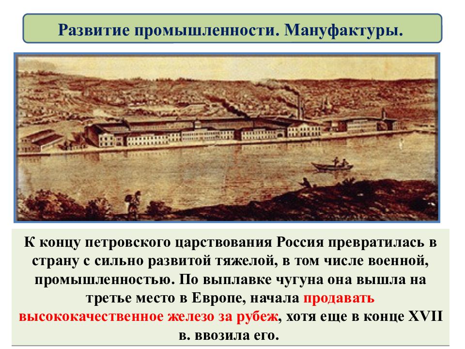 Презентация развитие промышленности в 18 в. Тяжелая промышленность при Петре. Развитие мануфактурной промышленности при Петре. Создание мануфактурной промышленности.