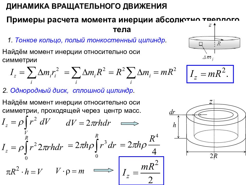 Однородный диск. Формула расчета момента инерции. Момент инерции цилиндра диска стержня. Момент инерции диска относительно оси формула. Момент инерции диска стержня кольца.