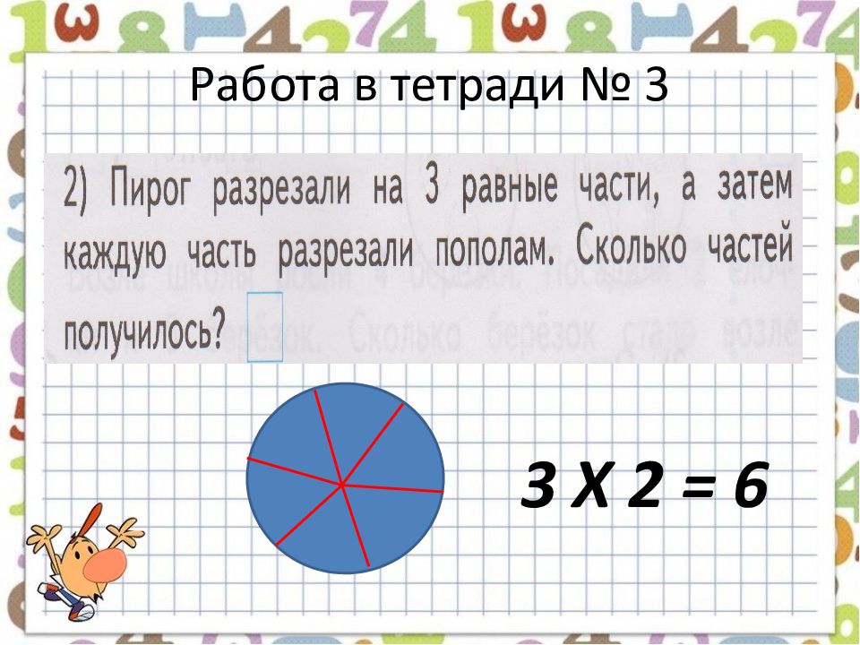 На 4 части каждую. Пирог разрезали на 3 равные части а затем каждую часть. Яблоко разрезали на 4 равные части а затем. Умножаем и делим числа урок 53 1 класс. Урок 53 математика 1 класс умножаем и делим числа.