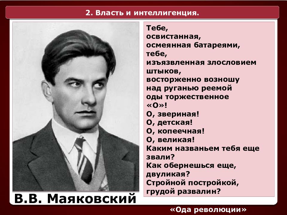 Власть е. Советская власть и интеллигенция в 1920-е гг. Маяковский тебе, освистанная. Духовная культура СССР В 1920- Е гг. Маяковский и власть.