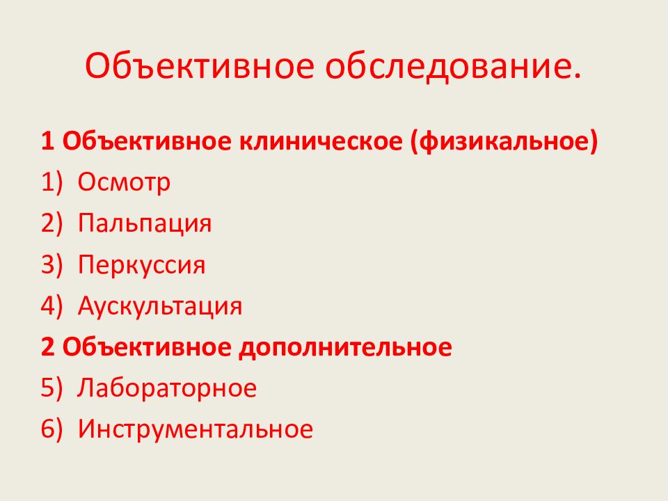 Схема объективного обследования больного