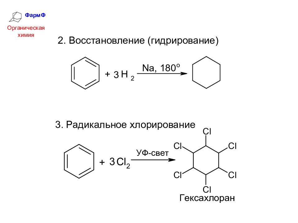 Химическое восстановление. Радикальное хлорирование аренов. Хлорирование ароматических углеводородов. Гидрирование ароматических углеводородов. Радикальное хлорирование бензола.