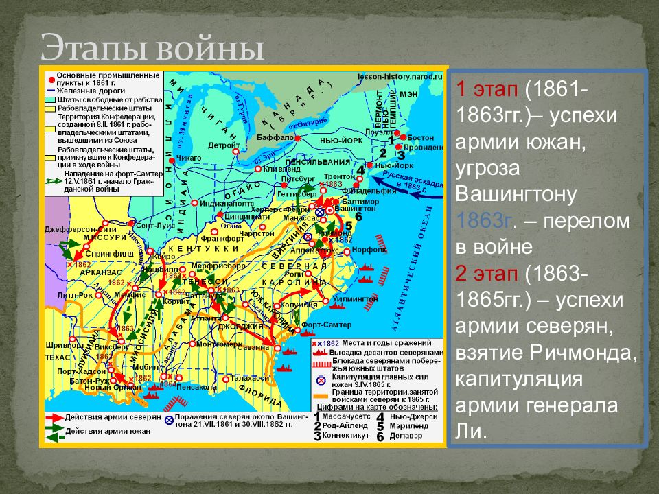 Гражданская война в сша 1861 1865 контурная карта 8 класс