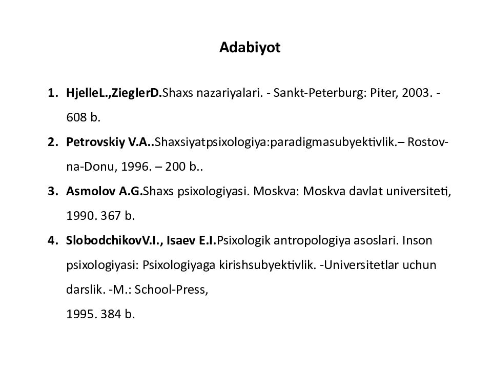 SHAXSIYAT NAZARIYALARI xorijiy