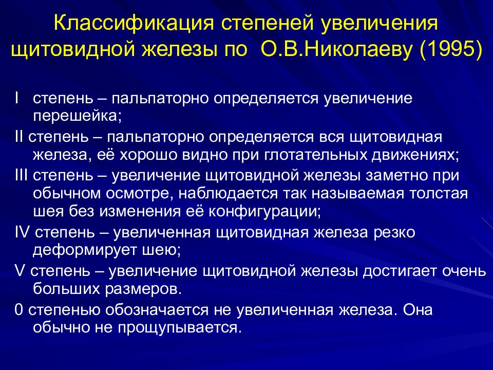 Госпитальная хирургия. Классификация по степени увеличения щитовидной железы. Классификация увеличения щитовидной железы по Николаеву. Классификация заболеваний щитовидной железы по воз. Классификация заболеваний щитовидной железы по Николаеву.