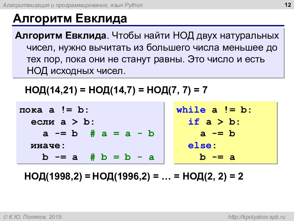 Информатика 9 класс алгоритм евклида презентация