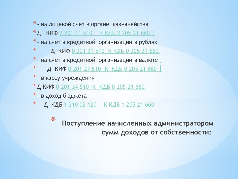Поступление начисленных администратором сумм доходов от собственности: