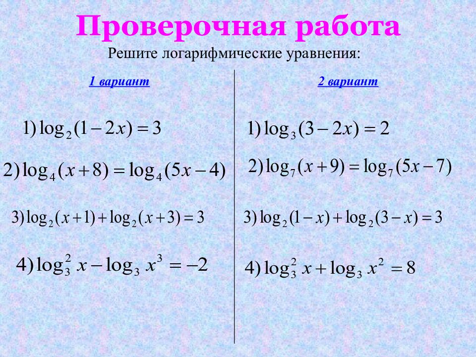 Двенадцать проверочное. Методы решения логарифмических уравнений. Схема решения логарифмических уравнений. Системы логарифмических уравнений примеры. Методы решения логарифмических уравнений презентация.