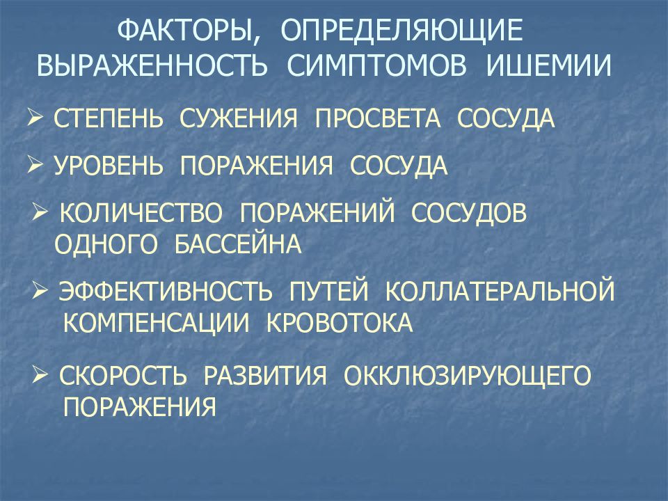 Уровень поражения. Факторы определяющие последствия ишемии. Степень сужения сосуда. Определение степени ишемии. Какие факторы определяют степень выраженности ишемии?.