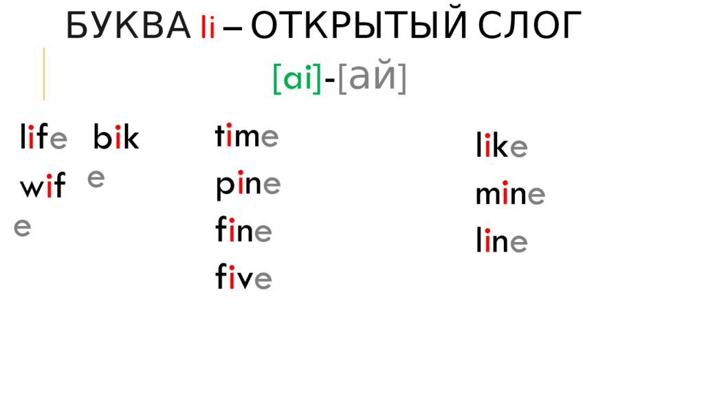 Буква I i – Открытый слог