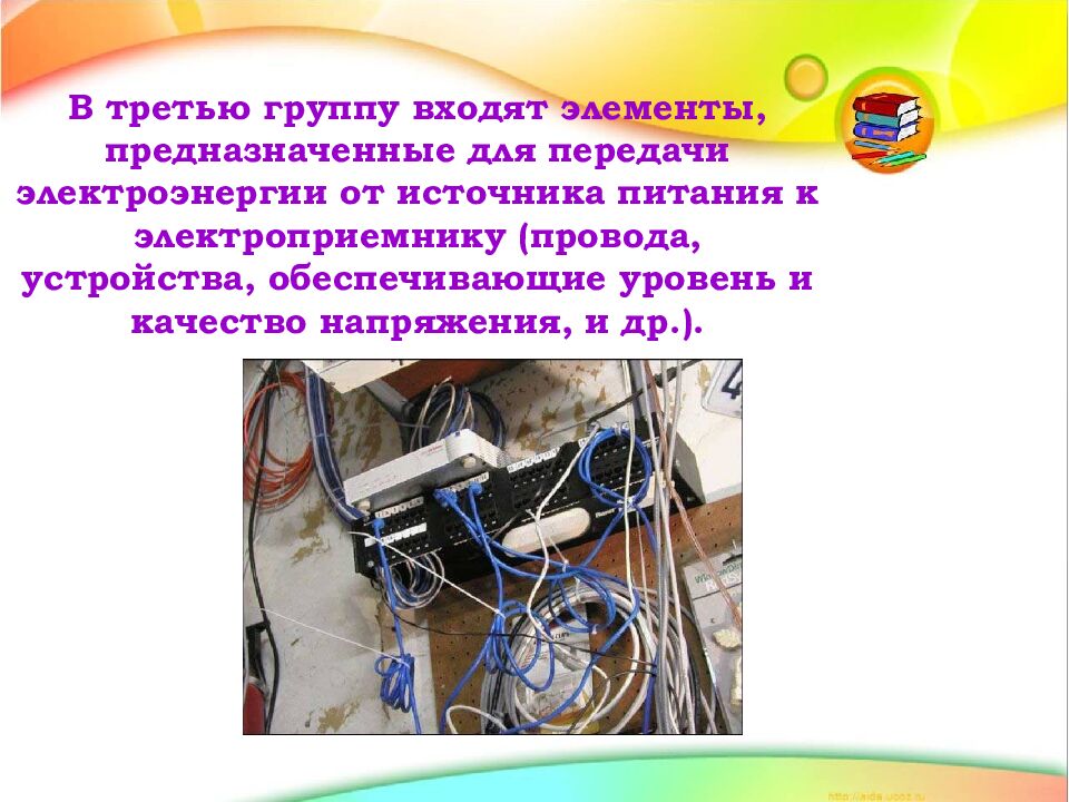 В третью группу входят элементы, предназначенные для передачи электроэнергии от источника питания к электроприемнику (провода, устройства, обеспечивающие