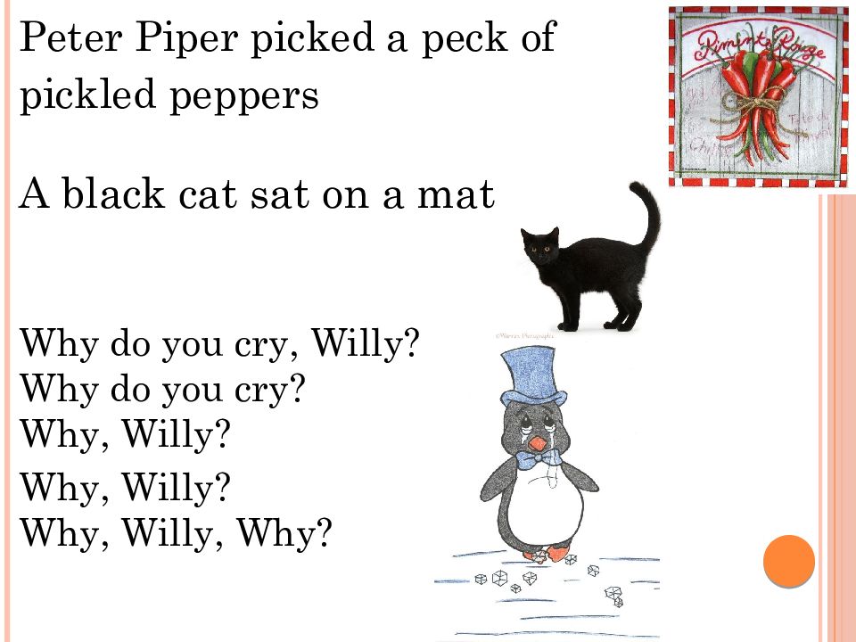 Why do you cry willy. A Black Cat sat on a mat. Peter Piper picked a Peck. Peter Piper picked a Peck транскрипция. Why do you Cry Willy стих.