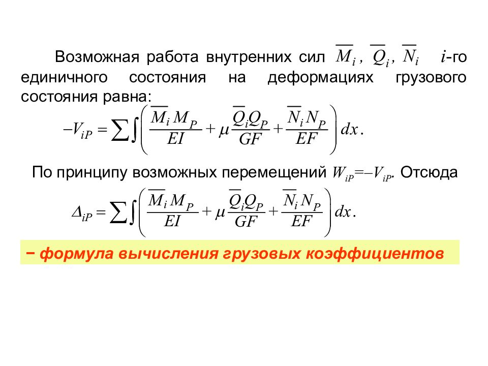 Расчет 4. Формула для вычисления грузовых коэффициентов. Формула метода сил. Формула для вычисление внутренних сил. Формула вычисления возможной работы внутренних сил.