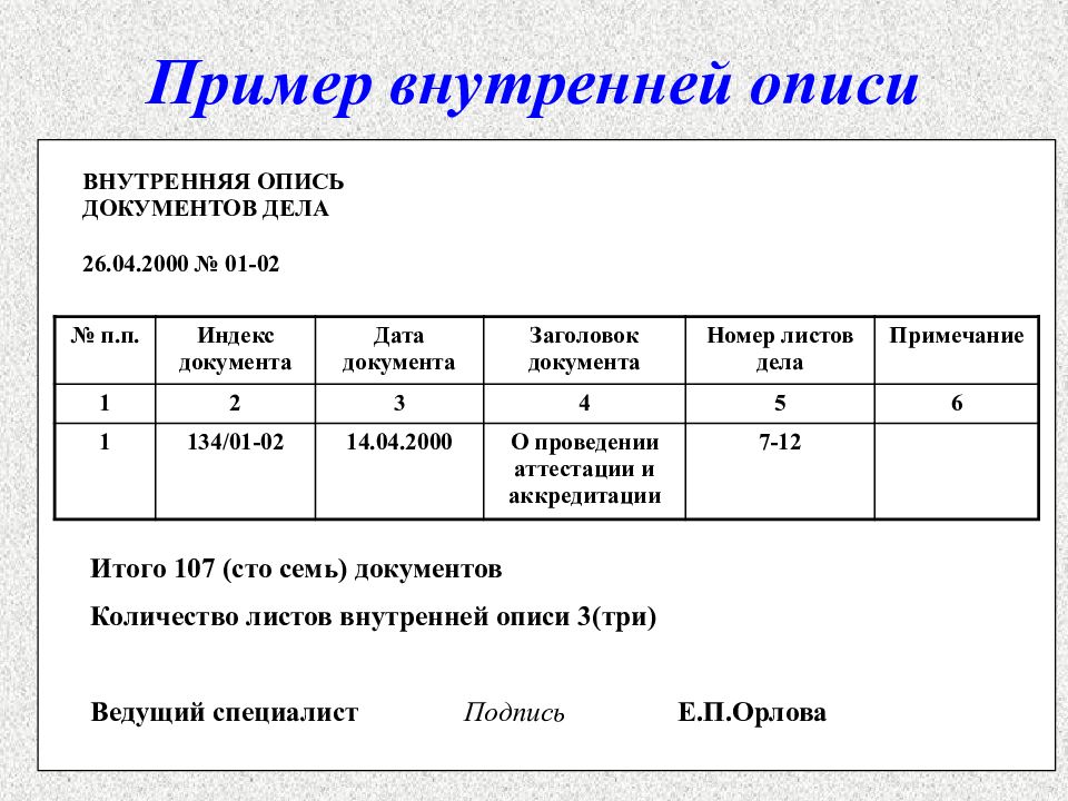 Опись входящих документов образец