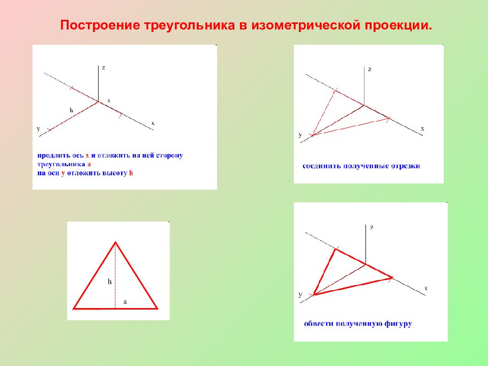 Треугольники лежат в разных плоскостях. Построение аксонометрических проекций треугольника. Построение треугольника в изометрической проекции. Построить треугольник в изометрии. Начертить треугольник в проекции.