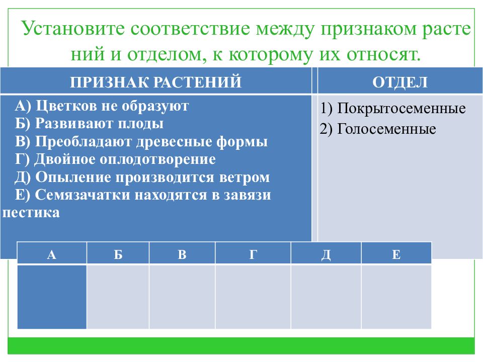 Установите соответствие между признаками и названием семейства. Установите соответствие между признаками и отделами растений. Установите соответствие между признаками классов и растениями.