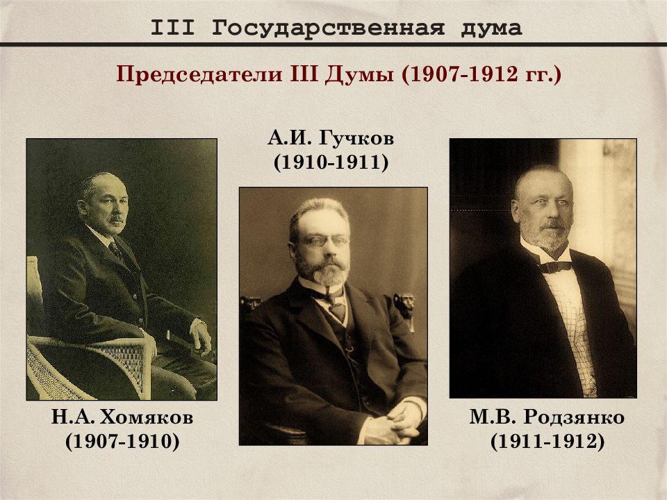 Третья государственная. Хомяков, Гучков и Родзянко председатель третьей государственной Думы. 3 Государственная Дума 1907-1912. Председатель 3 Госдумы 1907. А.И. Гучков (1910-1911).