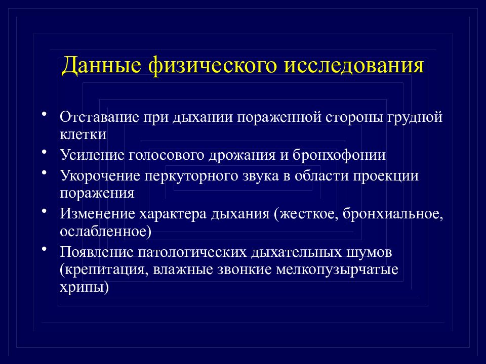 Бронхофония. Усиление голосового дрожания и бронхофонии. Отставание пораженной стороны грудной клетки при дыхании. Данные физического обследования. Укорочение перкуторного звука.