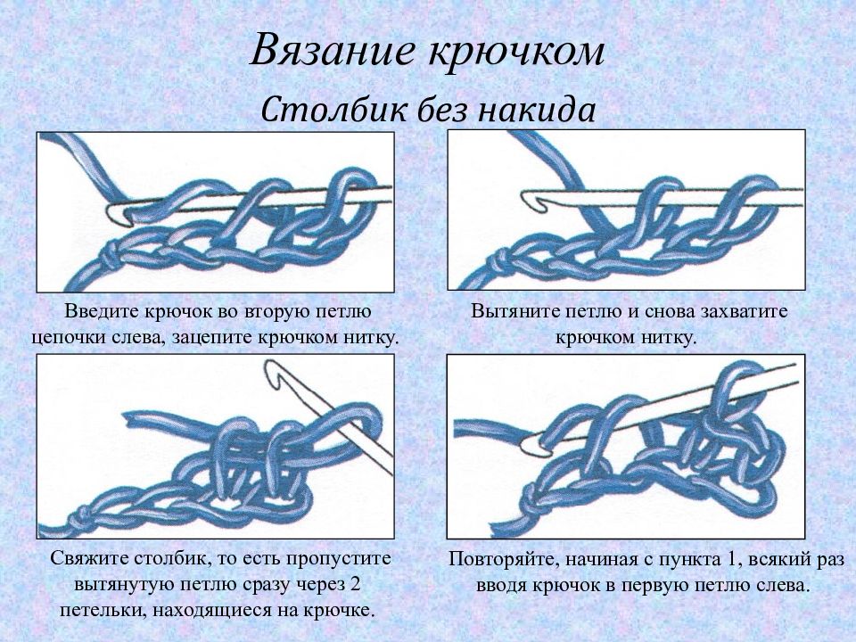 Пропустить связывать. Схема вязания столбика без накида крючком. Как вяжется столбик без накида. Как связать столбик без накида крючком. Столбик без накида крючком схема.