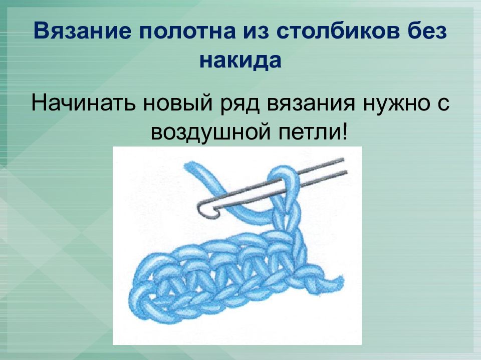 Вязания класс спица. Технология вязания крючком. Столбик без накида с воздушной петлей. Полотно из столбиков без накида. Вязание крючком презентация.