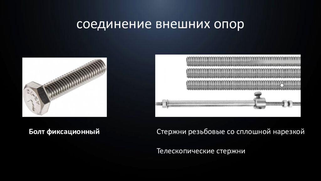 Внешнее соединение. Телескопический стержень для остеосинтеза. Сплошной стержень. Винт RCI фиксационный. Внутренние и внешние опоры.