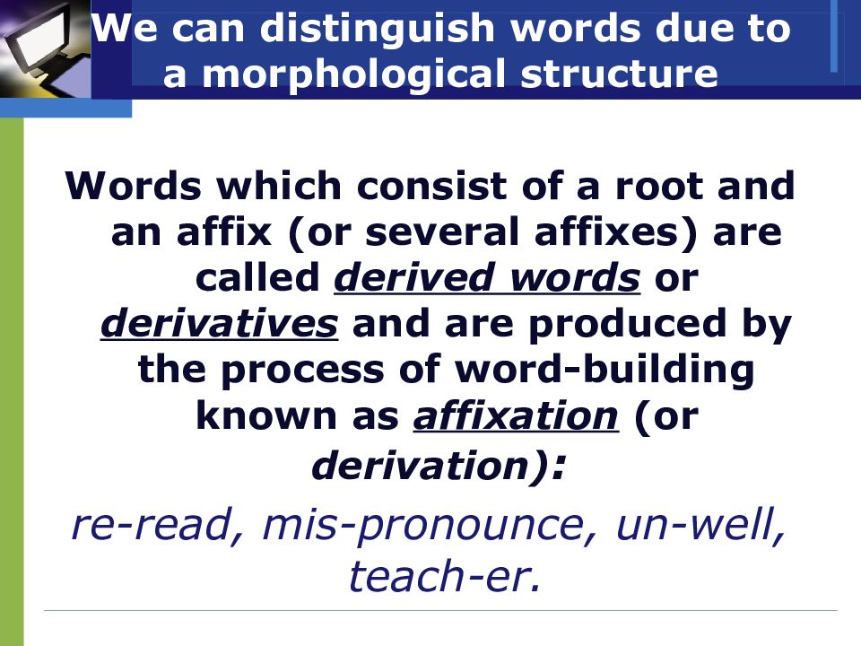 Modern english words. Morphological structure of English Words презентации. Morphological structure of English Words presentation. Roots and affixes. The Words consist of a root and affix or affixes are Called ....