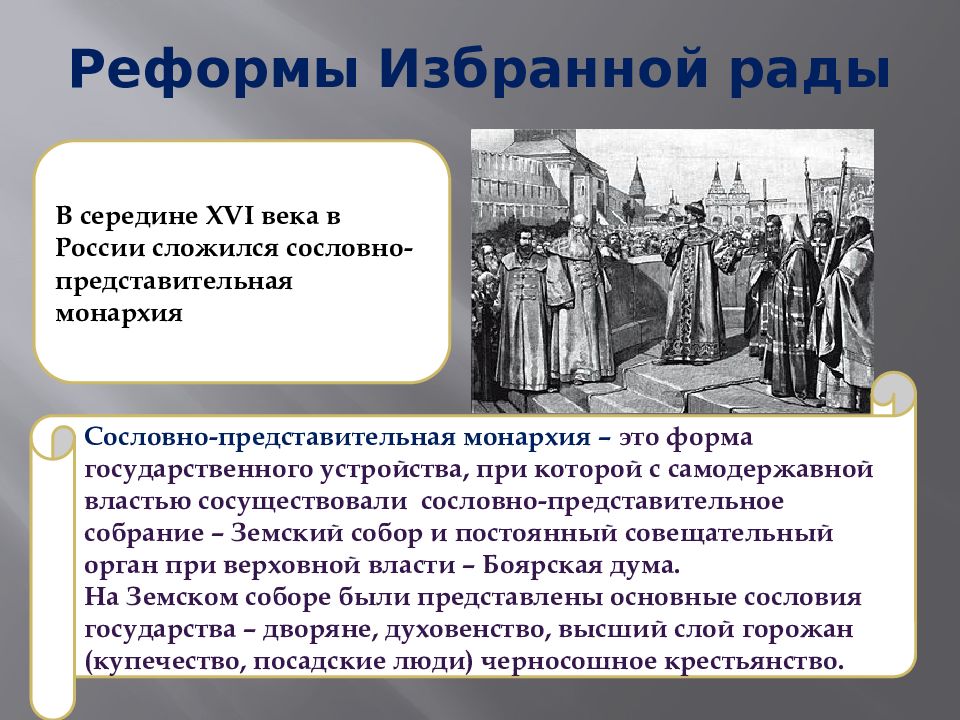 Начало избранной рады. Реформы в избранной Раде Иван 4. Реформы избранной рады в середине 16 века. Реформы Ивана IV. Сословно-представительная монархия в России. Реформы земского собора при Иване Грозном.