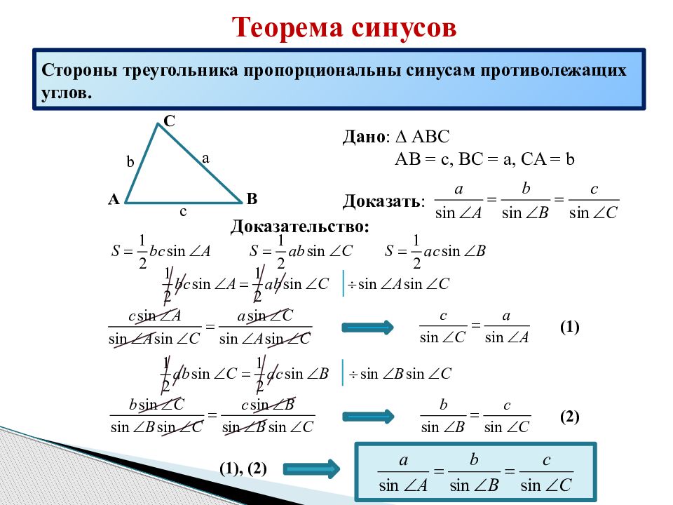 Стороны треугольника пропорциональны косинусам противолежащих углов. Теорема синусов доказательство кратко. Доказательство теоремы синусов 9 класс. Площадь треугольника теорема синусов теорема косинусов. Теорема синусов и косинусов формулы.