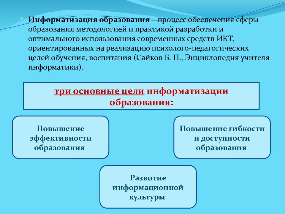 Аспекты информатизации образования. Информатизация образования. компьютеризация образования. подходы к информатизации образования. цели процесса информатизации образования.