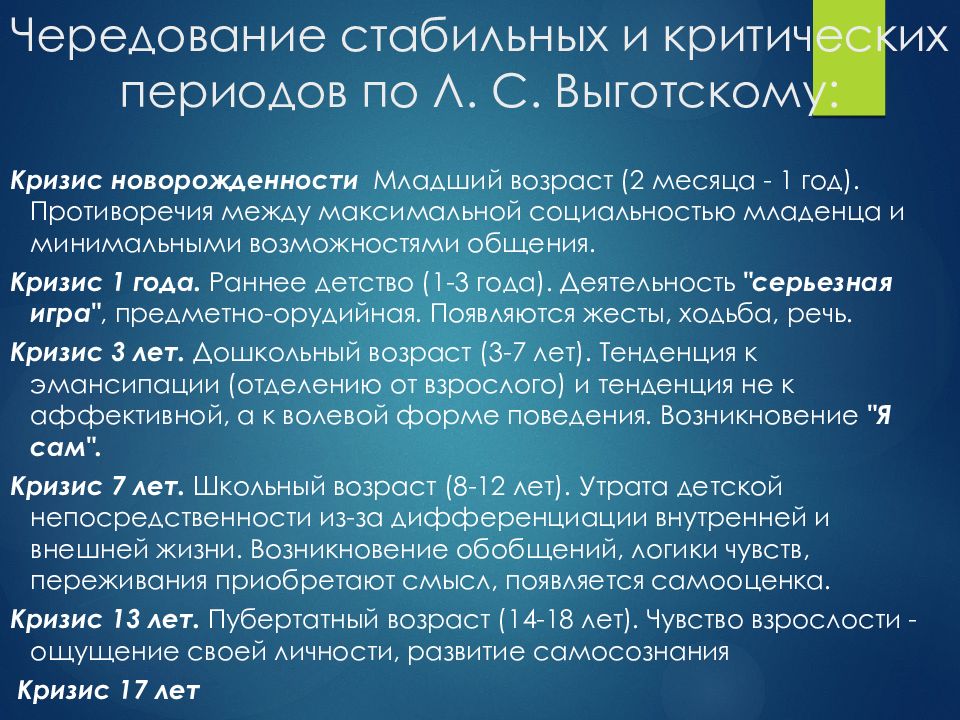 Возраст смены. Возрастные кризисы по Выготскому. Возрастная периодизация и кризисы возрастного развития. Кризисные периоды по Выготскому. Возрастная периодизация по Выготскому.