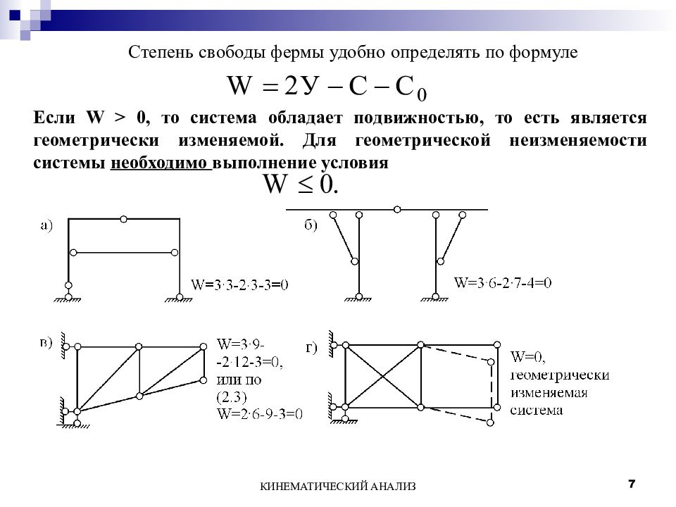 Формула степеней свободы. Кинематический анализ сооружений стержневых систем. Кинематического анализа плоской стержневой системы. Степень свободы фермы. Число степеней свободы фермы.