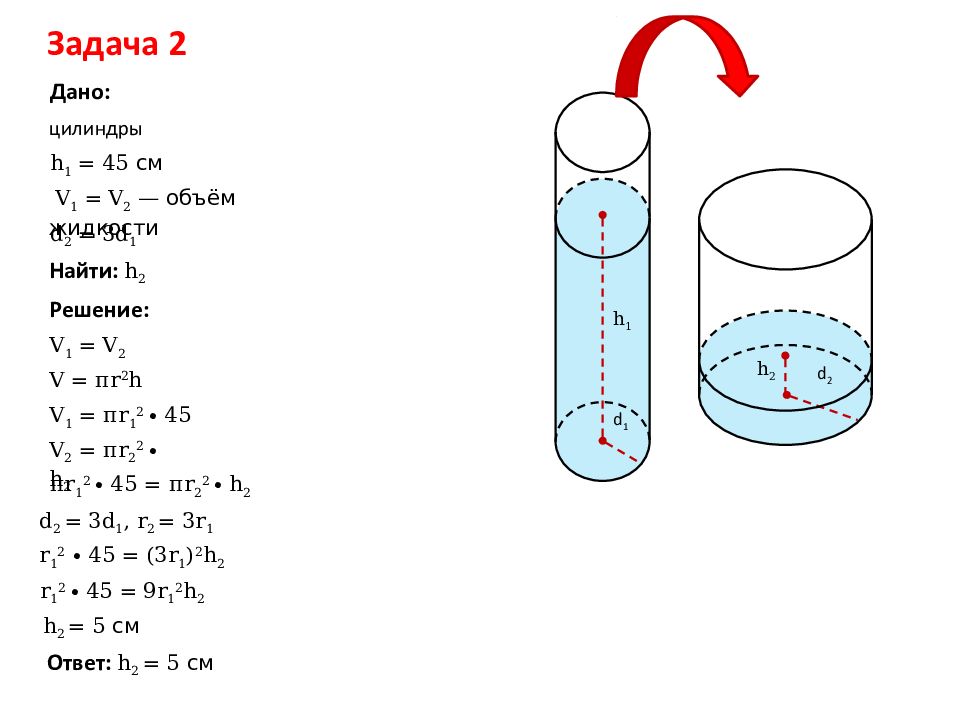 Дано два цилиндра. H цилиндра. V цилиндра. Объем цилиндра v, см. Задачи на объем цилиндра.