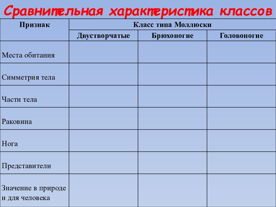 Признаки классов моллюсков. Общая характеристика моллюсков таблица. Сравнительная таблица классов типа моллюски. Таблица по биологии 7 класса сравнительные характеристики моллюска. Таблица классы моллюсков 7 класс биология.