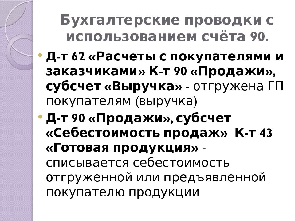 Бухгалтерские проводки с использованием счёта 90.