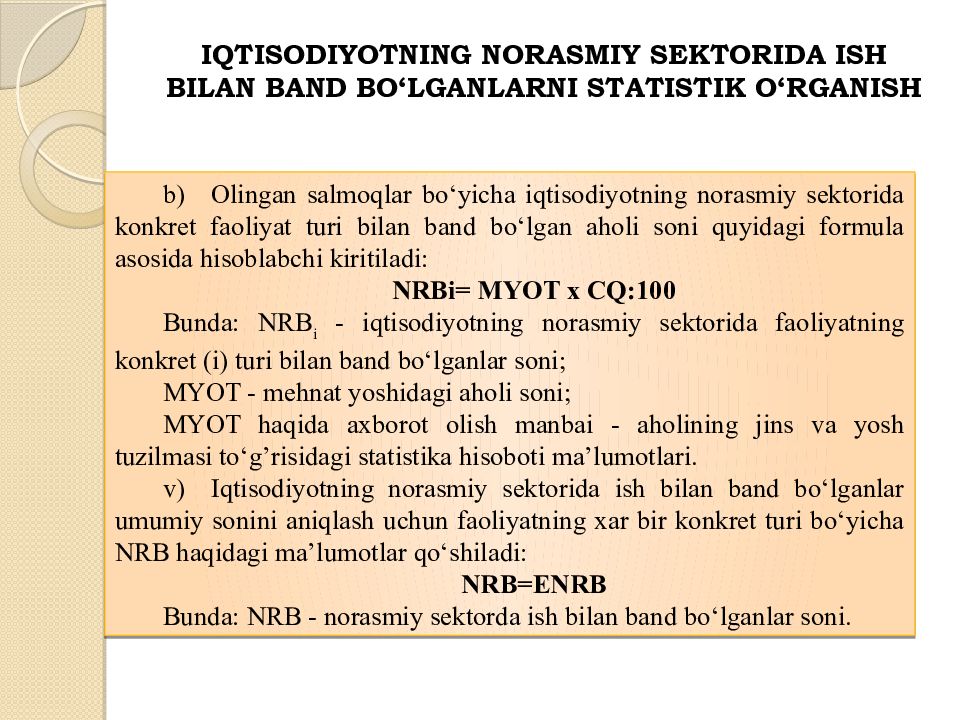 Mavzu:Mehnat resurslari balansi Iqtisodiyotning norasmiy sektorida ish bilan band bo‘lganlarni statistik o‘rganish