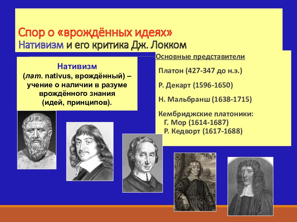 Врожденные идеи. Сторонник теории врожденных идей. Представители материализма. Учение о врожденных идеях разработал. Представители материализма в русской философии.