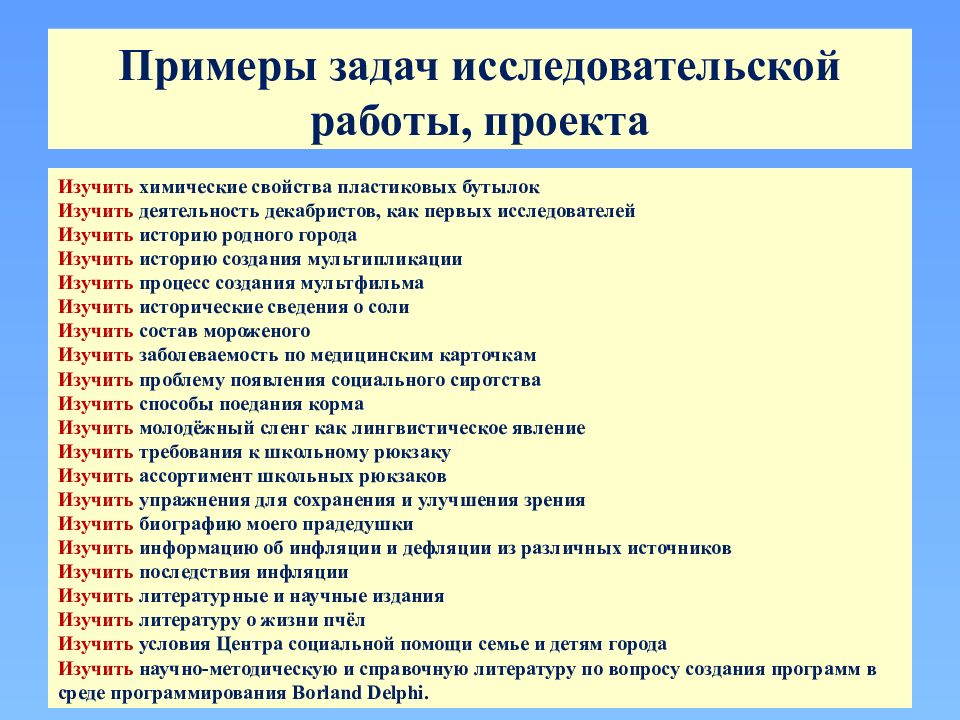 Задачи исследовательского проекта примеры