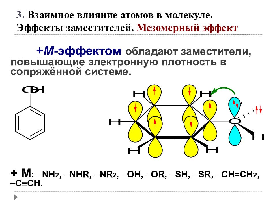 Высокая электронная плотность. Взаимное влияние заместителей в молекуле. Заместители повышающие электронную плотность. Сопряженная электронная система в молекуле. Повышение электронной плотности.