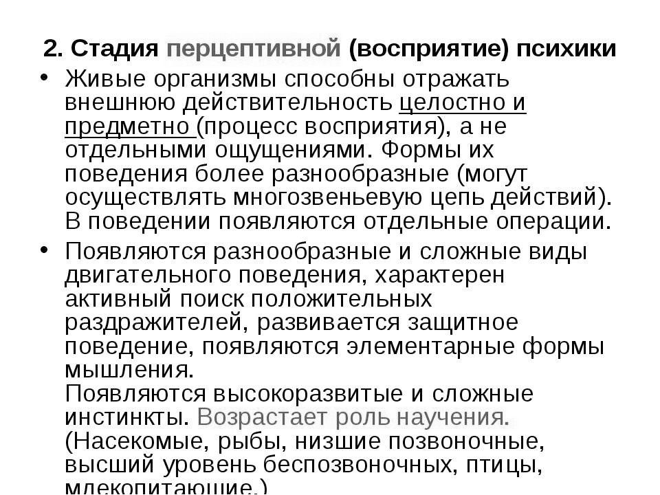 Стадии перцептивной психики. Характеристика стадии перцептивной психики животных. Уровни развития психики. Стадия элементарной перцептивной психики животного. Высший уровень развития перцептивной психики.