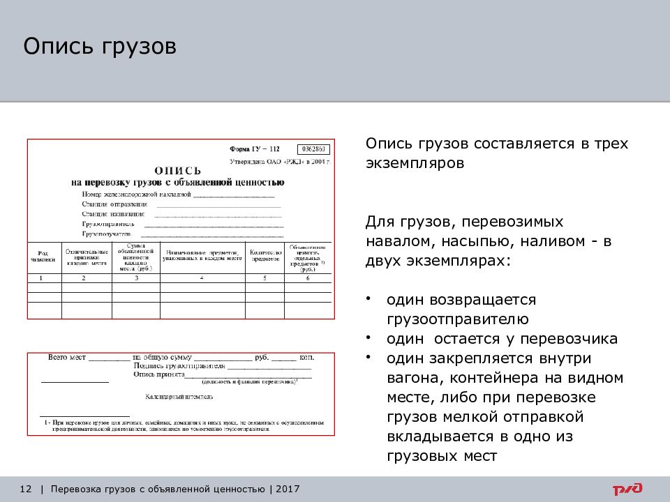 Опись груза для перевозки образец