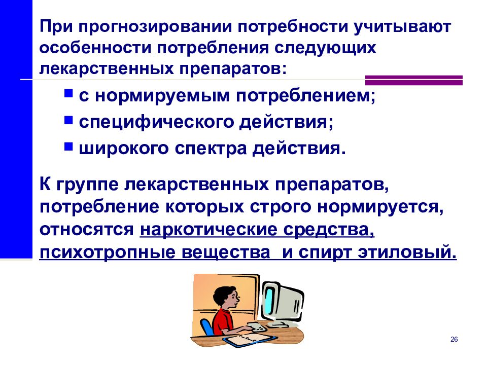 Учитывая потребность. Особенности потребления. Лекарственные средства, потребление которых нормируется. Определение в потребности препаратов широкого спектра действия. Прогнозная потребность.