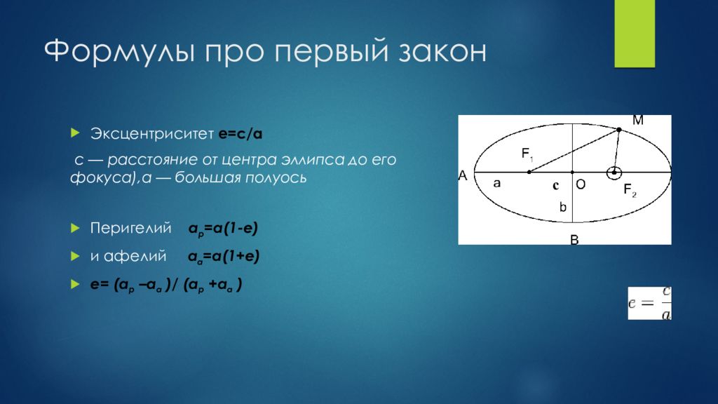 Расстояние от точки до фокуса. Эксцентриситет первый закон Кеплера. Перигелий и афелий формулы. Эксцентриситет эллипса. Эксцентриситет формула.