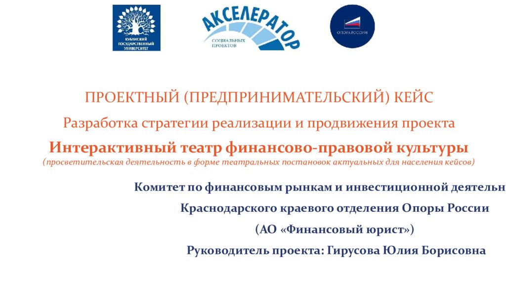 ПРОЕКТНЫЙ (ПРЕДПРИНИМАТЕЛЬСКИЙ ) КЕЙС Разработка стратегии реализации и