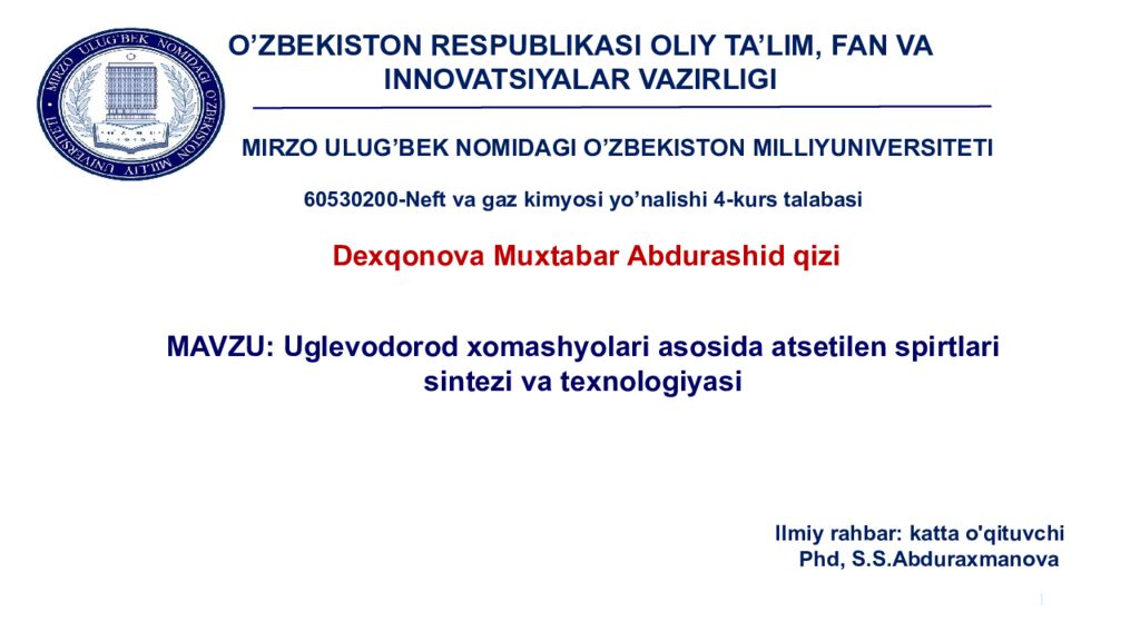 1 O’ZBEKISTON RESPUBLIKASI OLIY TA’LIM, FAN VA INNOVATSIYALAR