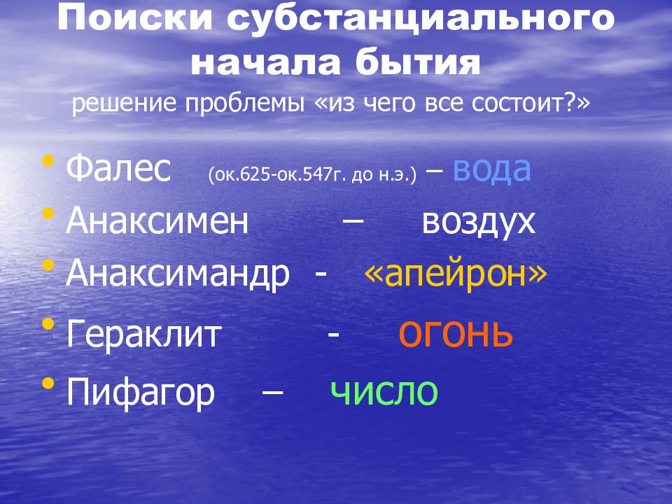 Основы бытия. Начала бытия. Субстанциональное начало мира это. Фалес вода Анаксимен воздух Гераклит огонь Анаксимандр Апейрон. Категория бытия, ее смысл и специфика;.