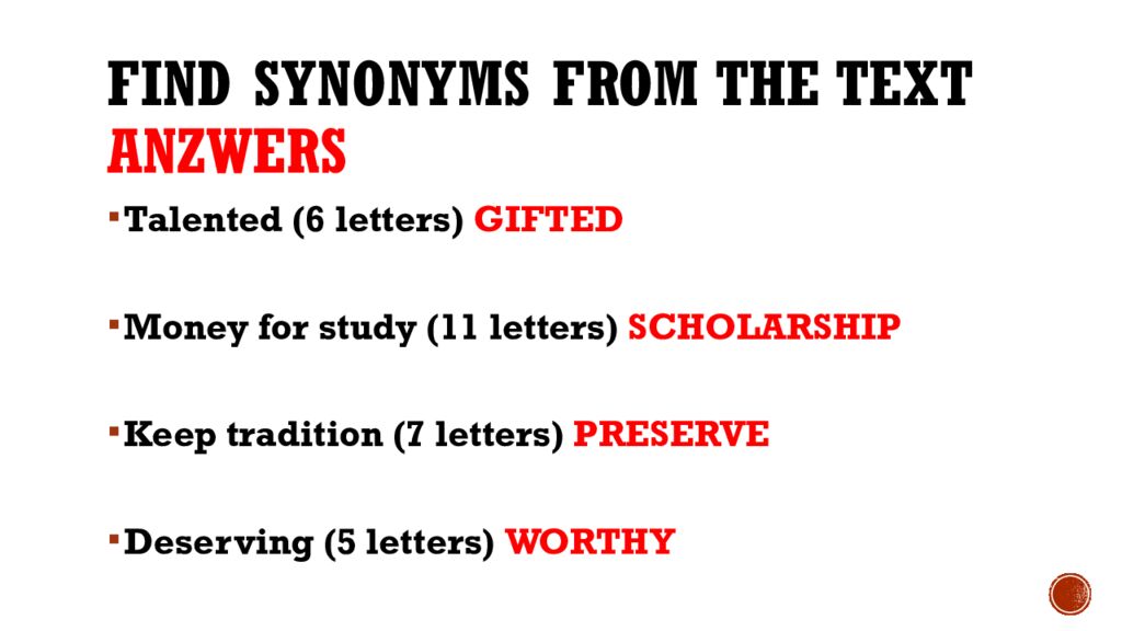 Find synonyms from the text Anzwers