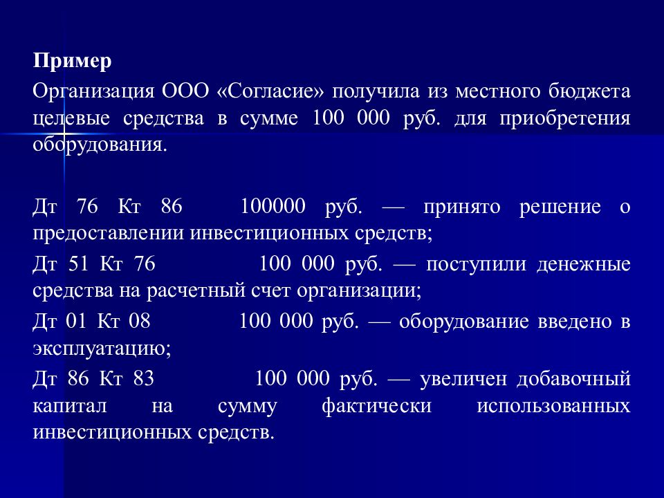 Бухгалтерский учет собственного капитала организации. Целевые средства на покупку оборудования. Учет собственного капитала.